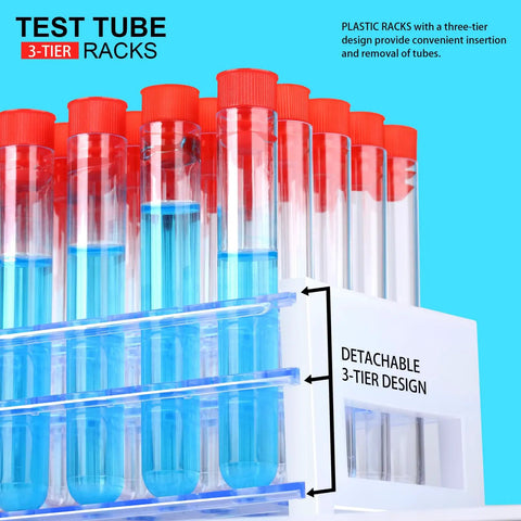 50 Pack Clear Plastic Test Tubes 16x100mm With Red Caps And Blue Rack Holder For Nurse Party Decor And Halloween Favors