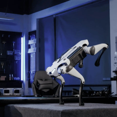 Lite 3 Basic AI Quadruped Robot Platform For Robotics Developers And Researchers Featuring Dope Mobility And AI Driven Motion Control For Algorithm Testing And Real World Robotic Application Development, white quadruped robot in lab