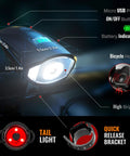Close-up of Two Pack Bike Lights With Horn, 1400LM USB Rechargeable Front Headlight, tail light, and features details.