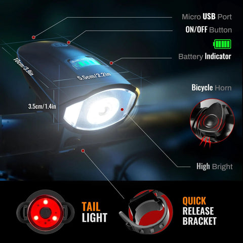 Close-up of Two Pack Bike Lights With Horn, 1400LM USB Rechargeable Front Headlight, tail light, and features details.