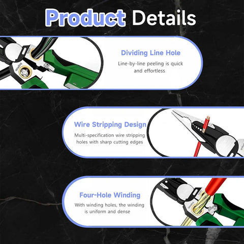 8-In-1 Wire Stripper With Voltage Tester Pro-Grade Heavy Duty 12 To 220V AC DC Electrician Pliers showing details on features like dividing line hole, wire stripping design, and four-hole winding.