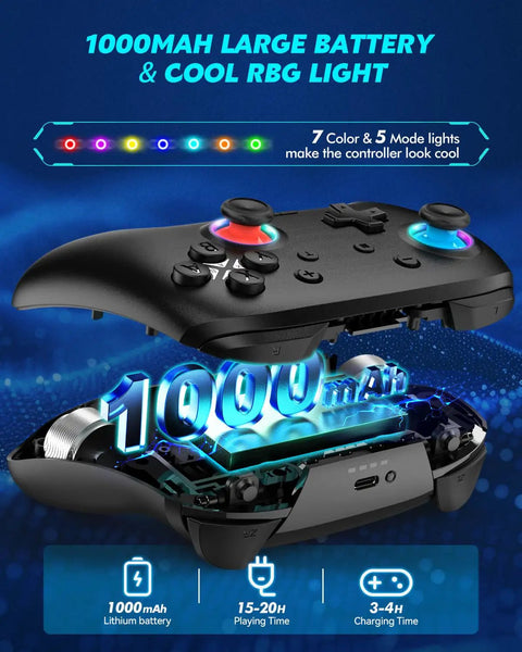 Enhanced Wireless Bluetooth Switch Controller showing RGB lights, 1000mAh battery, and 15-20h playtime for Nintendo Switch 2.