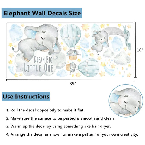 Blue Watercolor Elephant Wall Decals For Kids Room With Moon And Stars Hot Air Balloon Theme Sticker Set Sweet Dream Big Little One Nursery Decor For Baby Shower Playroom Toddler Crib Or Bedroom Gift, dimensions 35x16 inches with use instructions.