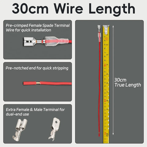 Top Notch 18Awg Speaker Wire Connectors Kit Loaded With 6.3Mm Pre Crimped Female Spade Terminals Tight for Car Audio Installations and Home Rig Hookups, showing 30cm wire length with pre-crimped terminals.