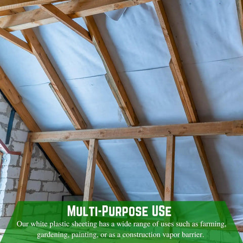 Heavy Duty Pro Grade White Construction Plastic Sheeting 6 Mil Thick Tarp installed as vapor barrier in wooden roof frame