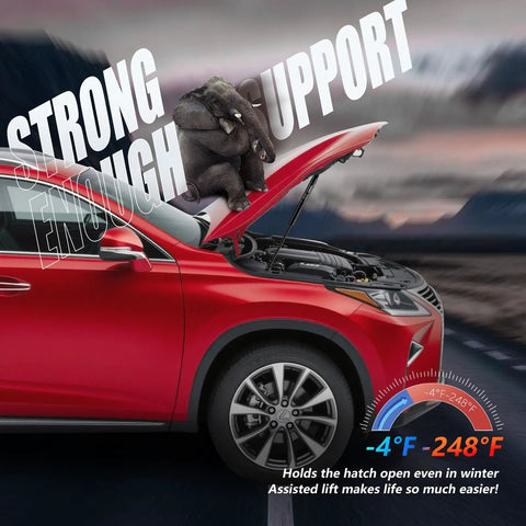 Beefed Up Front Hood Struts For 2010 2015 Lexus RX350 RX450H showcased holding open hood with strength graphic.
