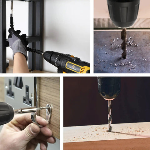 Collage of a Beast Cordless Hammer Drill Kit 12V in use on metal, wood, and DIY projects with dual speed control and 3/8 inch chuck.