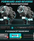 Beefy Half Inch Cordless Impact Wrench with 950 Ft Lbs Torque showing forward and reverse switch, includes 5 inch extension