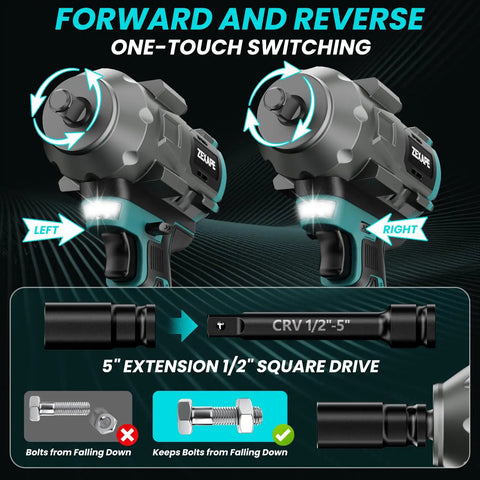 Beefy Half Inch Cordless Impact Wrench with 950 Ft Lbs Torque showing forward and reverse switch, includes 5 inch extension