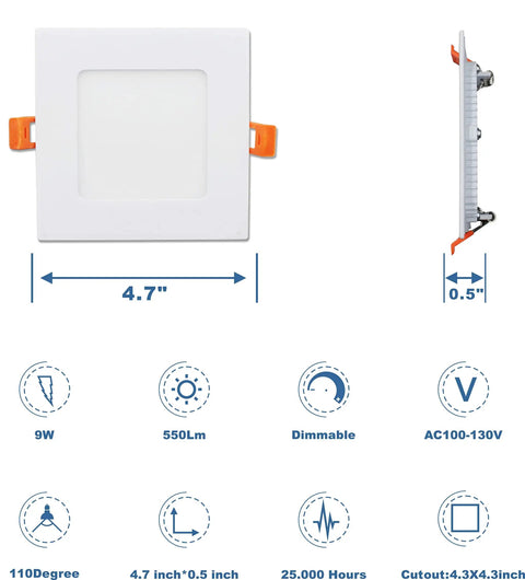 Square white LED panel light dimensions and specs; Lit 4 Inch Recessed LED Panel Lights 9W 550 Lumens Dimmable 120V 5000K Daylight ETL Listed.