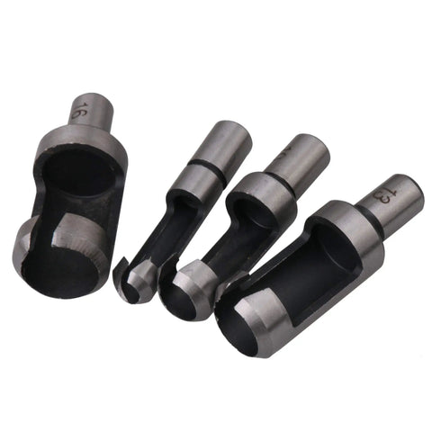 Rock Solid Wood Plug Hole Cutter Drill Bit Set For No Sweat Gap Repairs Built Heavy Duty With Premium Steel Construction Includes Four Essential Inch Sizes, four steel wood plug cutters in varying sizes.