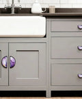 Bold Purple White Fluid Gold Marble Pattern Cabinet Pulls 3 Inch Hole Center Black Semicircle Drawer Handles in kitchen settings