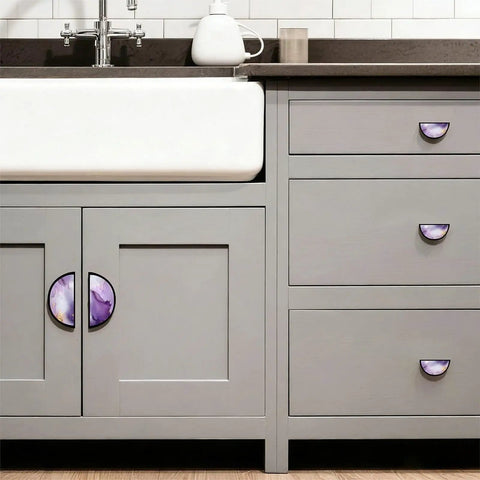 Bold Purple White Fluid Gold Marble Pattern Cabinet Pulls 3 Inch Hole Center Black Semicircle Drawer Handles in kitchen settings
