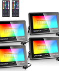 RGBW 25W LED Flood Light Color Changing 16 Million Colors IP66 Indoor Outdoor Uplighting All In One For Events Weddings Parties Stage Lighting 250W Equivalent Warm White 2700K With Remote showing four lights with color patterns and remote controls