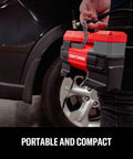 Person holding 12V Tire Inflator Portable Air Compressor With Digital Gauge Auto Shut Off LED Light 12V Car Plug near car tire