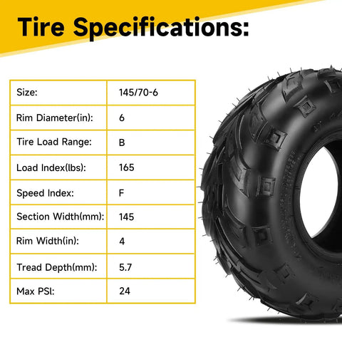 Tubeless 145/70-6 Mini Bike Tire For Coleman CT100U Baja with flame tread and tire specifications table
