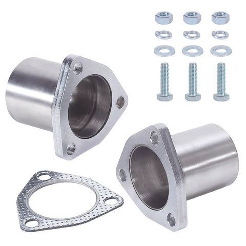 Heavy Duty Plugs Right In 3 Bolt Exhaust Flange Repair Kit With Gaskets Bolts And Mounting Hardware Universal 1.75 Inch Stainless Steel parts including pipes and bolts.