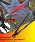 Pro Grade Knife Making Tongs Set And Blacksmith Hammer 5 Piece Forge Tools Kit showcasing flat tongs gripping hot metal