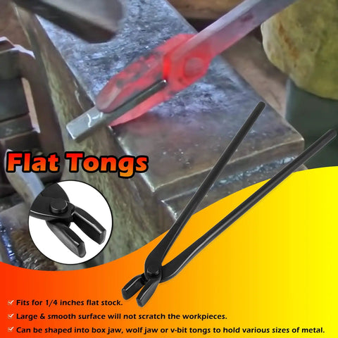 Pro Grade Knife Making Tongs Set And Blacksmith Hammer 5 Piece Forge Tools Kit showcasing flat tongs gripping hot metal