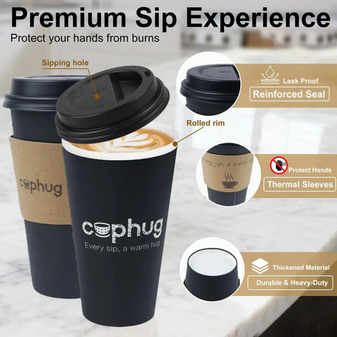 Heavy Duty 16 Oz Disposable Coffee Cups With Lids Sleeves And Straws 100 Pack Thickened Leak Proof Insulated Paper Cups For Hot Drinks