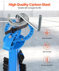 VEVOR Manual Pipe Bender With 14 Dies, close-up of carbon steel tool with bending lever and die set for HVAC and repair use.