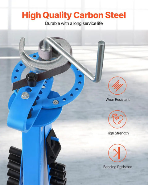 VEVOR Manual Pipe Bender With 14 Dies, close-up of carbon steel tool with bending lever and die set for HVAC and repair use.