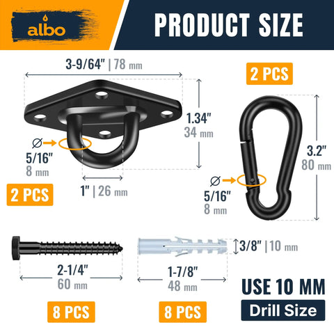 2650Lb Beefy Heavy Duty Ceiling Swing Hangers 2 Pack With Snap Carabiners, 304 Stainless Steel shown with dimensions and components