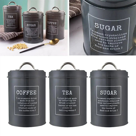 Metal Coffee Canister Set Of 3 With Tight Seal Lids These Wide Mouth Kitchen Food Storage Jars Are A Flat Out Home Run keeping Coffee Beans Sugar Tea Nuts And Herbs Fresh On Your Counter Zero Sweat with labels.