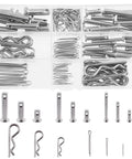 122 Piece Clevis Pin And Cotter Pin Kit All In One With 15 Sizes In 304 Stainless Steel Includes M4 M6 M8 Single Hole Clevis Pins And M1.5 M2 M3 Split Cotter Pins R Clips And Hitch Pins For Auto And Machinery Metric Set displayed in a plastic case showing various pins organized by type and size.