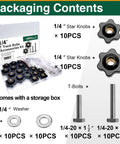 Packaging contents of 20 Pack 1/4-20 T Track Bolts and Star Knobs Set with 1-1/2 inch and 2 inch hex bolts, washers, storage box