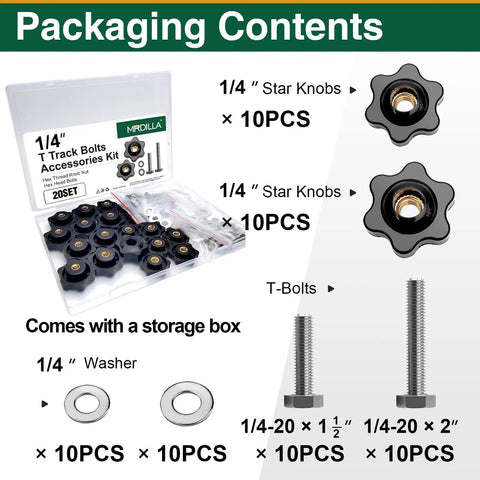 Packaging contents of 20 Pack 1/4-20 T Track Bolts and Star Knobs Set with 1-1/2 inch and 2 inch hex bolts, washers, storage box