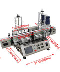 Desktop Four Head Magnetic Pump Filling And Capping Machine For Liquids Five To One Thousand Ml Badass Durability With Conveyor Belt 110 Volt No Sweat Prime Performance Gear with dimensions and controls.
