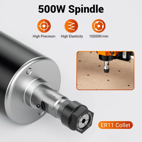Close-up of Beefy 500W CNC Spindle Motor With ER11 Chuck, 52mm Diameter, featuring high precision and elasticity, 10,000 RPM