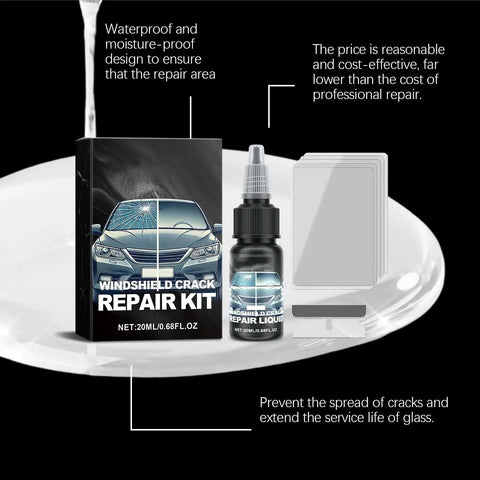 Windshield Crack Repair Kit With Advanced Repair Liquid, Quick Fix For Cracks And Chips, box and bottle on a plate