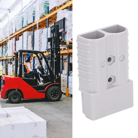 Heavy Duty 350 Amp 600 Volt Forklift Battery Connector And Jumper Plug For Towing Winch And Electric Charging with secure clip.