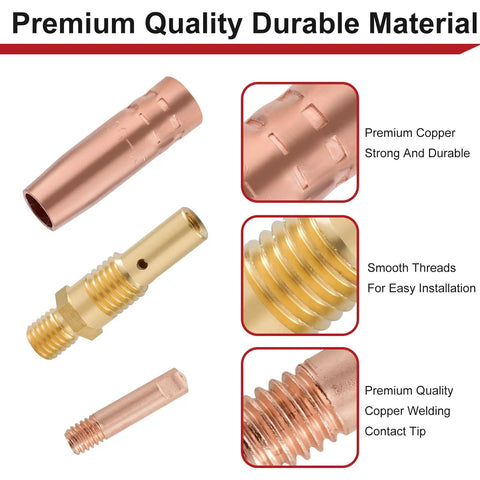 Pro MIG Welding Gun Accessories Kit 0.035 Inch Tips Nozzles And Diffusers For Lincoln Magnum 100L and Tweco Mini showing copper parts