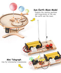 Awesome Science Kits For Kids Aged 8-12 With Wood Building Crafts And 5 Real Experiments Including Newton's Cradle, Tension Structure, Hydraulic Excavator, Sun Earth Moon Model, And Telegraph, Cool Engineering Toys For 9 10 11 Year Olds showing Sun-Earth-Moon model and mini telegraph wooden kits.