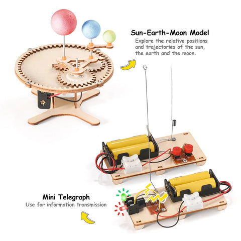 Awesome Science Kits For Kids Aged 8-12 With Wood Building Crafts And 5 Real Experiments Including Newton's Cradle, Tension Structure, Hydraulic Excavator, Sun Earth Moon Model, And Telegraph, Cool Engineering Toys For 9 10 11 Year Olds showing Sun-Earth-Moon model and mini telegraph wooden kits.