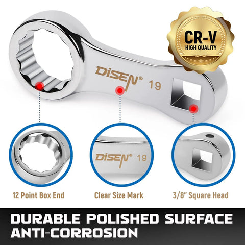 Close-up of chrome vanadium 19mm torque wrench adapter showing 12-point box end, clear size mark, 3/8 inch square head.
