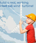 Child with helmet holding Wind Power V4.0 Hands On STEM Experiment Kit to build a 3-foot turbine and generate electricity outdoor.