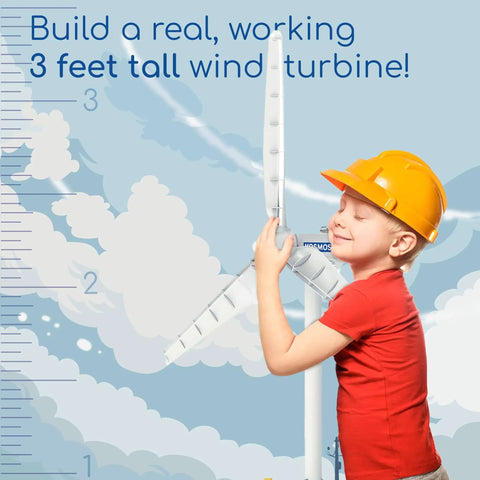 Child with helmet holding Wind Power V4.0 Hands On STEM Experiment Kit to build a 3-foot turbine and generate electricity outdoor.