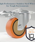 3 Inch 304 Stainless Steel Caster Wheels Set Of 2 With Swivel Brake showing heavy-duty wheel with orange polyurethane tire.