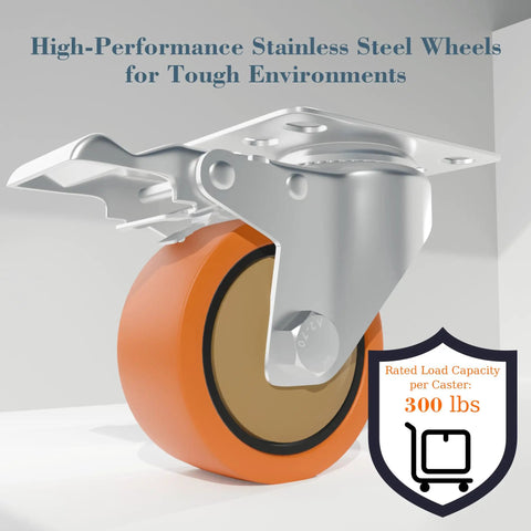 3 Inch 304 Stainless Steel Caster Wheels Set Of 2 With Swivel Brake showing heavy-duty wheel with orange polyurethane tire.