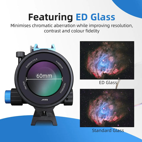 Flat Field 60mm Refractor Telescope With F6.8 ED Quadruplet APO Air Spaced Optics showcasing image clarity improvement