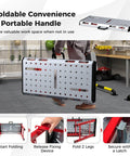 Man carrying Portable Welding Table 42 By 21 Inches Folding Height Adjustable Top With Beefy 1000 Lbs Capacity, shows folding mechanism.