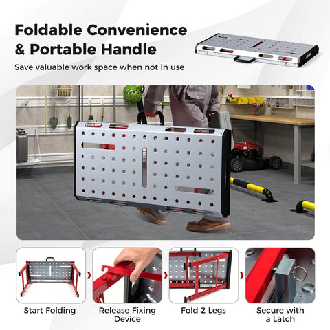 Man carrying Portable Welding Table 42 By 21 Inches Folding Height Adjustable Top With Beefy 1000 Lbs Capacity, shows folding mechanism.