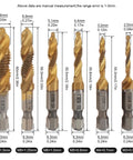 Six Piece Titanium Drill Tap Bit Set With 1/4 Inch Hex Shank For Metric M3 To M10 Taps And Countersink Bits, HSS 4341 High Speed Steel