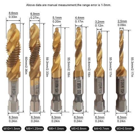 Six Piece Titanium Drill Tap Bit Set With 1/4 Inch Hex Shank For Metric M3 To M10 Taps And Countersink Bits, HSS 4341 High Speed Steel