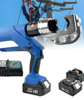 Bad Boy Cordless Hydraulic Crimping Tool With 4Ah Rechargeable Battery, 360 Swivel Jaw, shows crimping head and batteries.