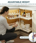Two Tier Lazy Susan Replacement Shelves With Adjustable Height For Kidney Shaped Blind Corner Cabinets For Your Kitchen 270 Degree Turntable Organizer Space Saver To Maximize Small Spaces And Easy Access To Pantry Essentials in use, filled with spices and containers.